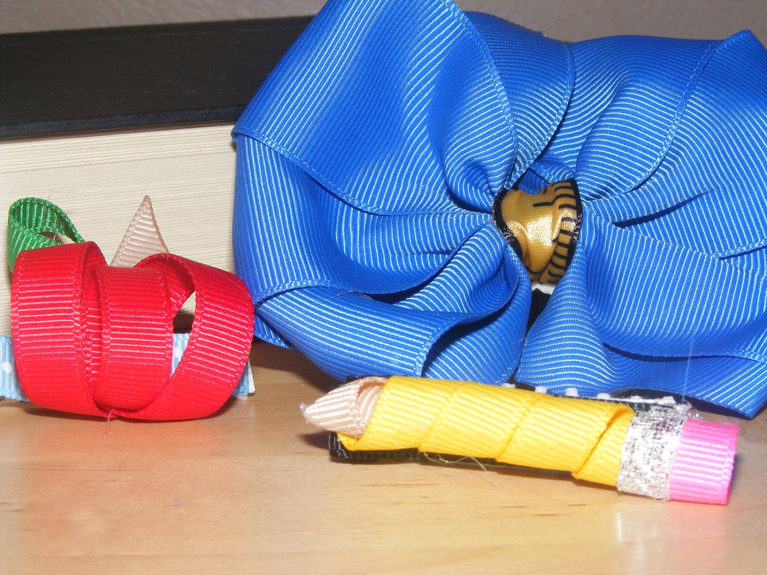Apple and Pencil ribbon scultpture hair clip and Pinwheel Bow Ponytail