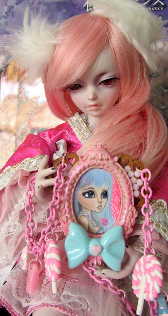 Lolita Blue and her Lickable Lollipops-Hand Painted Original Art Heart Pendant Necklace with Candy Charms