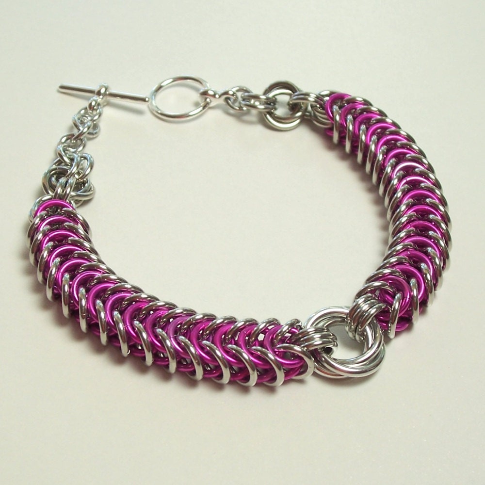 Pink Flattened Box weave Bracelet with Mobius Flower/ Love Knot, Chainmaille Jewelry