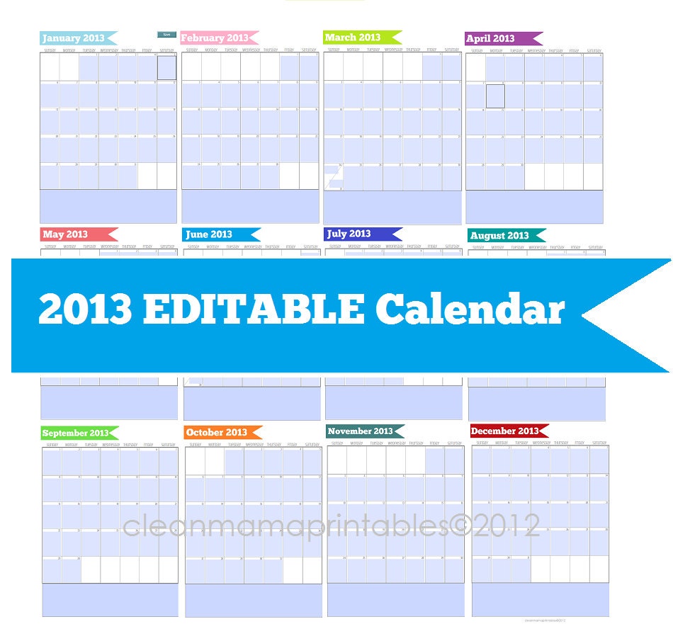 INSTANT DOWNLOAD 2013 EDITABLE Planner or Binder Calendar - 12 documents