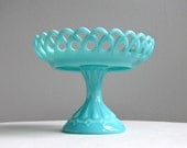 Turquoise Blue Milk Glass Compote Footed Bowl by Fenton, 1950s
