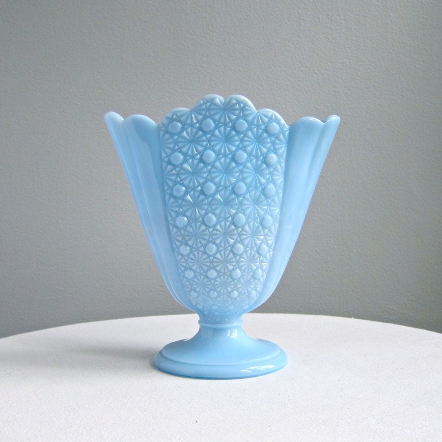Blue Pastel Milk Glass Fan Vase, Daisy and Button Pattern by Fenton, 1950s