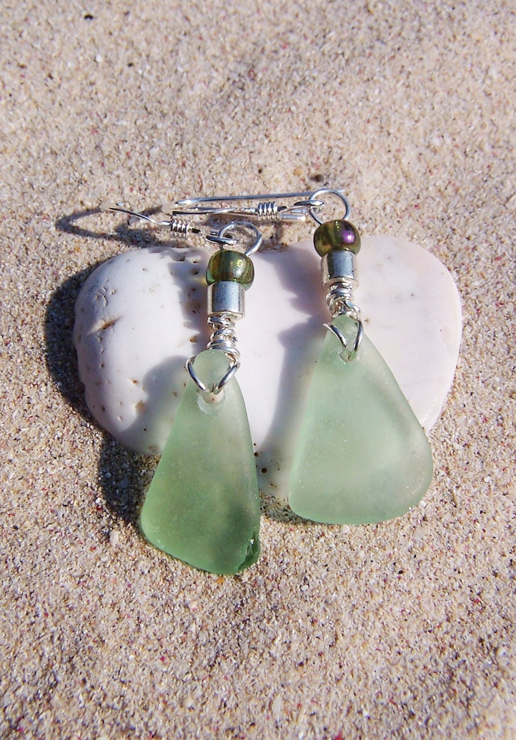 Sea Glass Earrings in Pale Sea Foam Green with Glass Bead Accents