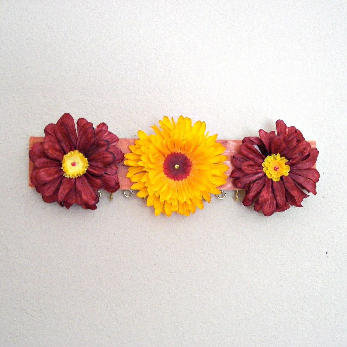 Jewelry organizer - Red & Yellow Flowers - repurposed from scrap wood by Lolailo