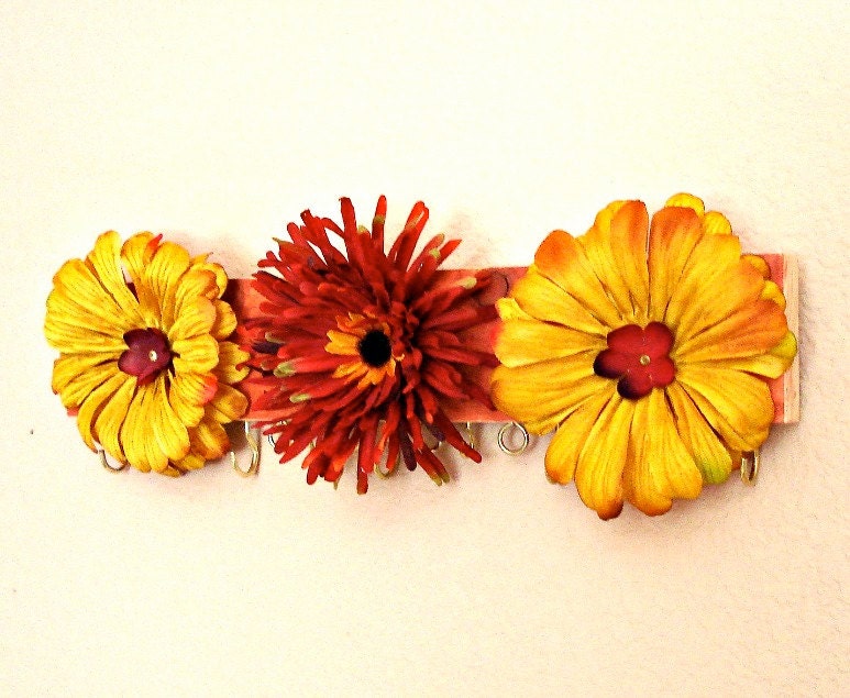Jewelry display - Red and Yellow Spring Flowers - repurposed from scrap wood by Lolailo