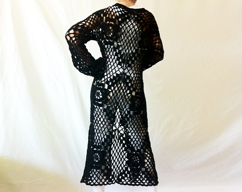 spring black Lace cardigan Vintage-inspired crochet black cardigan with flower pattern