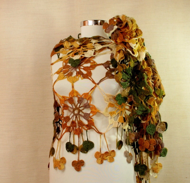 Amazing Flowers of Istanbul/ Crochet Wrap Shawl Stole Fall Leaves Scarf Women Shawl Ivory Army Green Mustard Brown Mohair Wool Neck Warmer