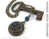Victorian Button Jewelry Steel Blue Flower Vintage Button Necklace with Reversible Pendant Handmade by Compass Rose Design
