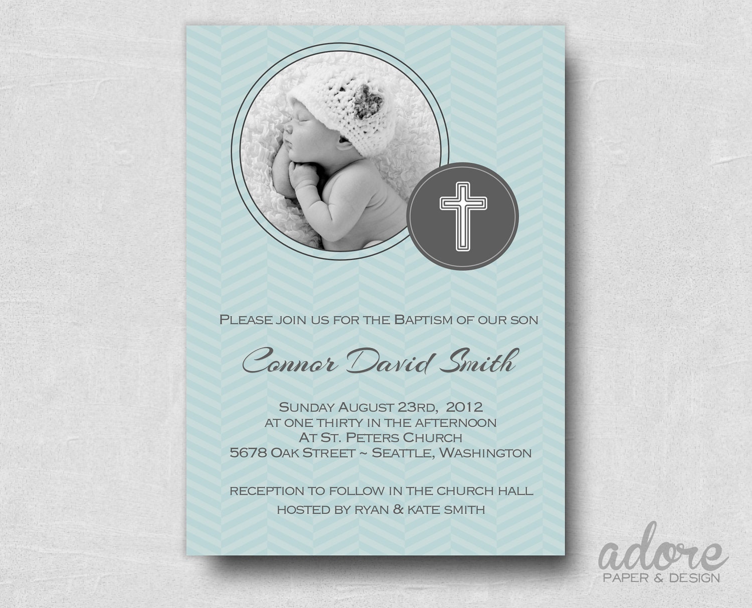 Blue Aqua Chevron Printable Photo Baptism Invite - Choose your colors