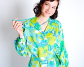 Vintage 1960 Shirt Dress - 60s Floral Dress - Bright Aqua and Green - Plus Size