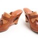 Vintage 1970s Wood Clogs - 70s Platform Clogs - Raw Sienna Brown Leather - 5N