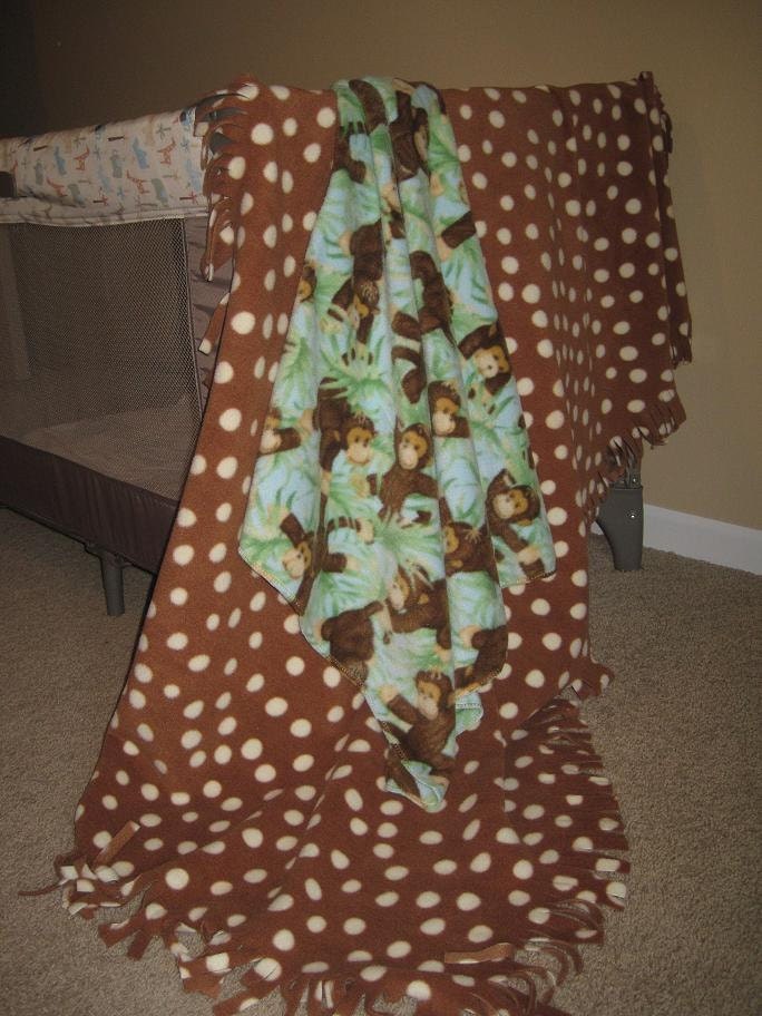 Monkey Baby Fleece Blanket Set,"MONKEY BUSINESS" Modern Nursery Dot Blanket, Brown/Cream, Monkey Security Blanket, Aqua, Green, Unisex