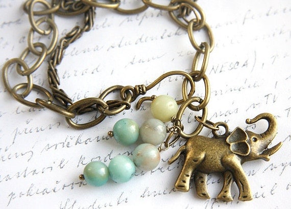on Vacation / Antique Bronze Chain Bracelet -  Lucky Elephant Charm - Natural Amazonite Stone Beads - Unisex Boho Bracelet - TAGT