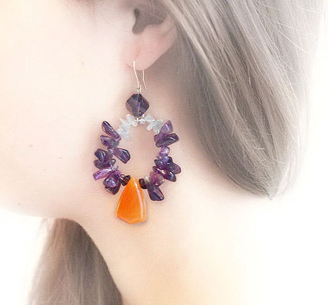 Jewelry Earrings, Luxe Jewelry, Gift for Her, Accessories, Carnelian Aquamarine Amethyst Earrings Purple Orange Gemstones, Sterling Silver