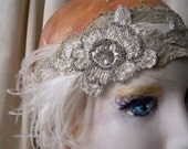 abby - 1920s or edwardian headband with hand beaded antique metallic lace flower and antique silver trim - made to order
