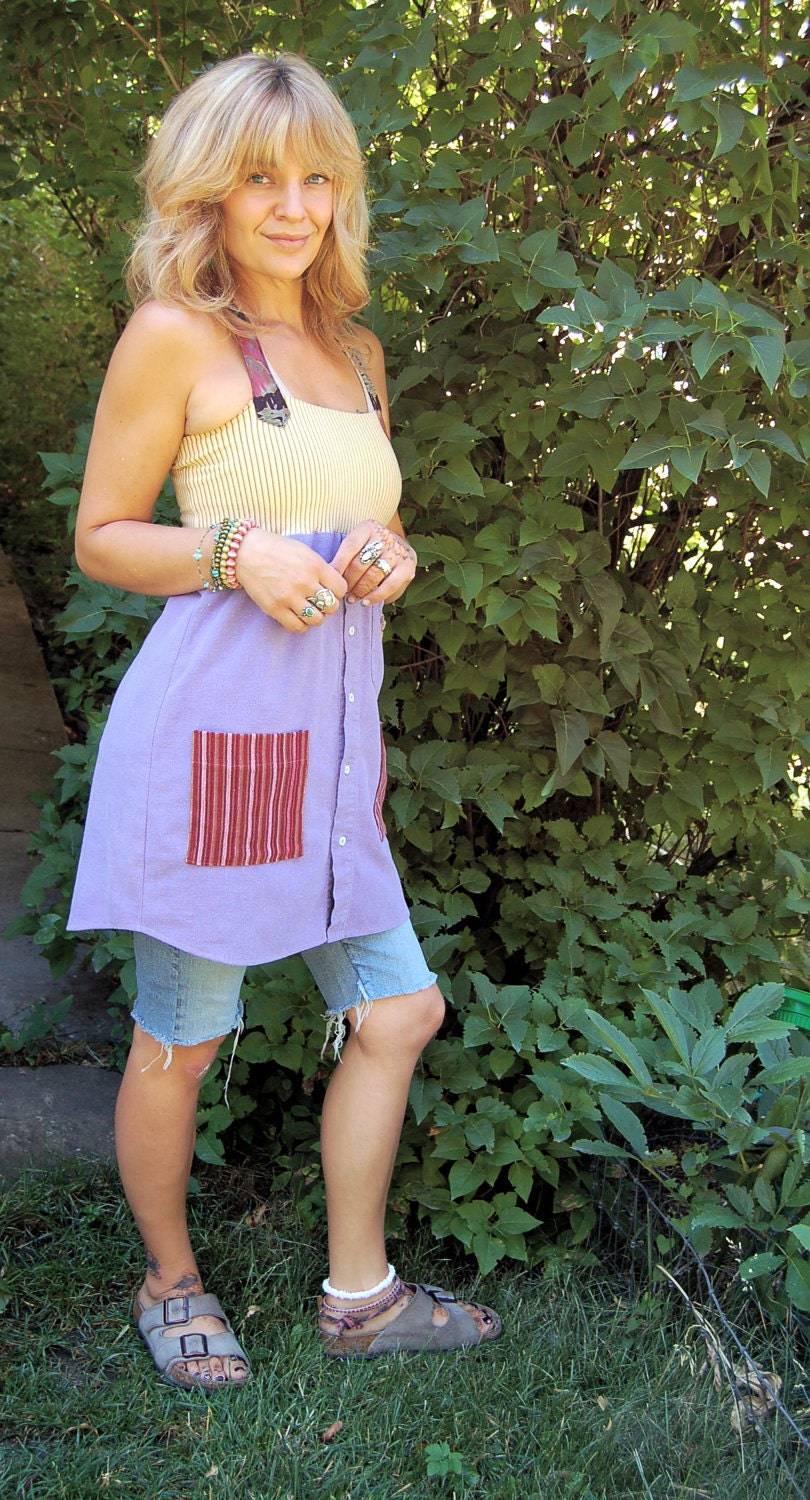 Jumper DRESS, tunic shirt, upcycled  clothing, folk, hippie, festival, vintage necktie, lilac linen, corduroy pockets, size  XS/S by Zasra