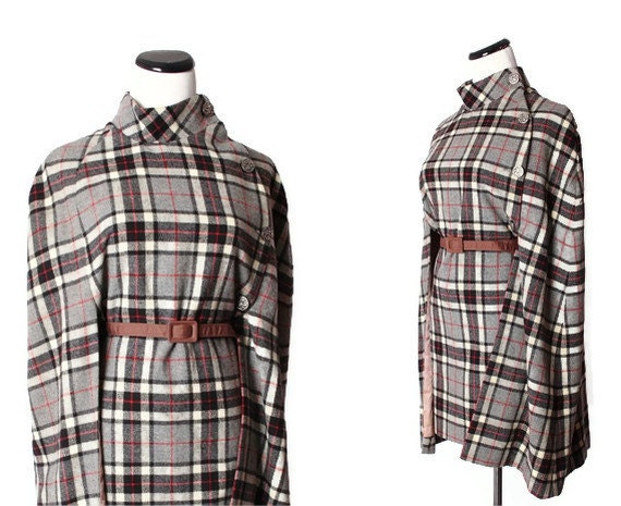 Vintage 1960s Wool  Cape in Gray and Red Plaid with Pastel Mauve Lining / Cape / Capes / Cloak / Coat / Tartan / 1497