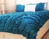 READY TO SHIP: Custom Teal King size ruffled duvet and two ruffled pillow shams