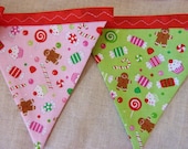 Christmas Bunting in pink and green sweetie fabric Perfect for holiday parties Over 7 1/2 ft long (excl. ties) with 14 flags READY TO SHIP Il_170x135