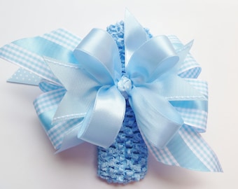 Large Beautiful Boutique Hairbow Triple Layer Stacked.. FREE Crocheted Headband in Blue...Toddler Birthday..Baby Shower