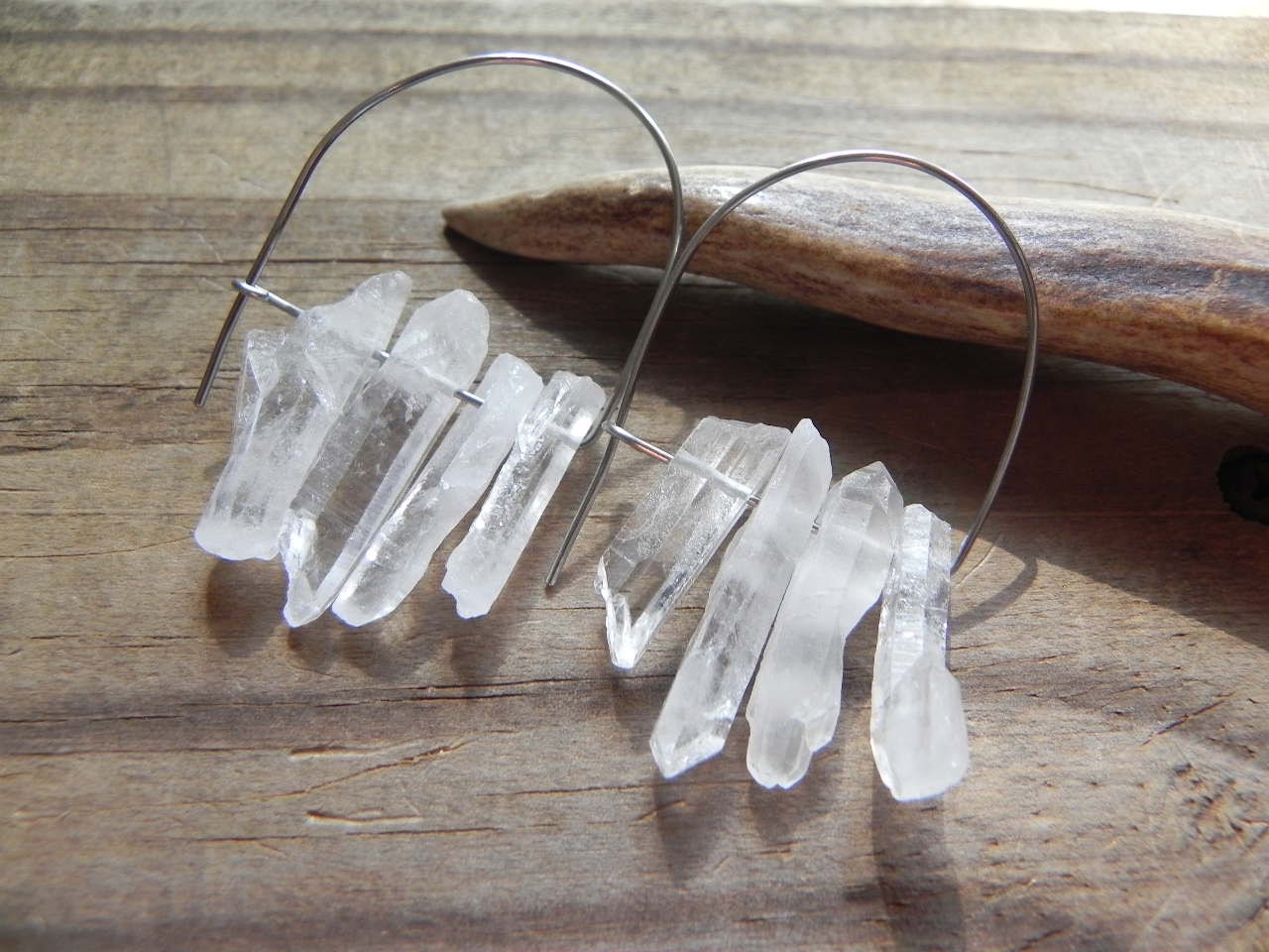 crystal point earrings, mod earrings, hoop earrings, crystal quartz beadwork earrings, rough crystal earrings