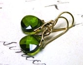 Swarovski Crystal Briolette Earrings in Olive Green and Gold Vermeil - FREE SHIPPING