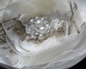 Bridal hair flower wedding burlap hairpiece accessory fascinator ivory Rustic shabby vintage clip lace rhinestone pearls centerpiece