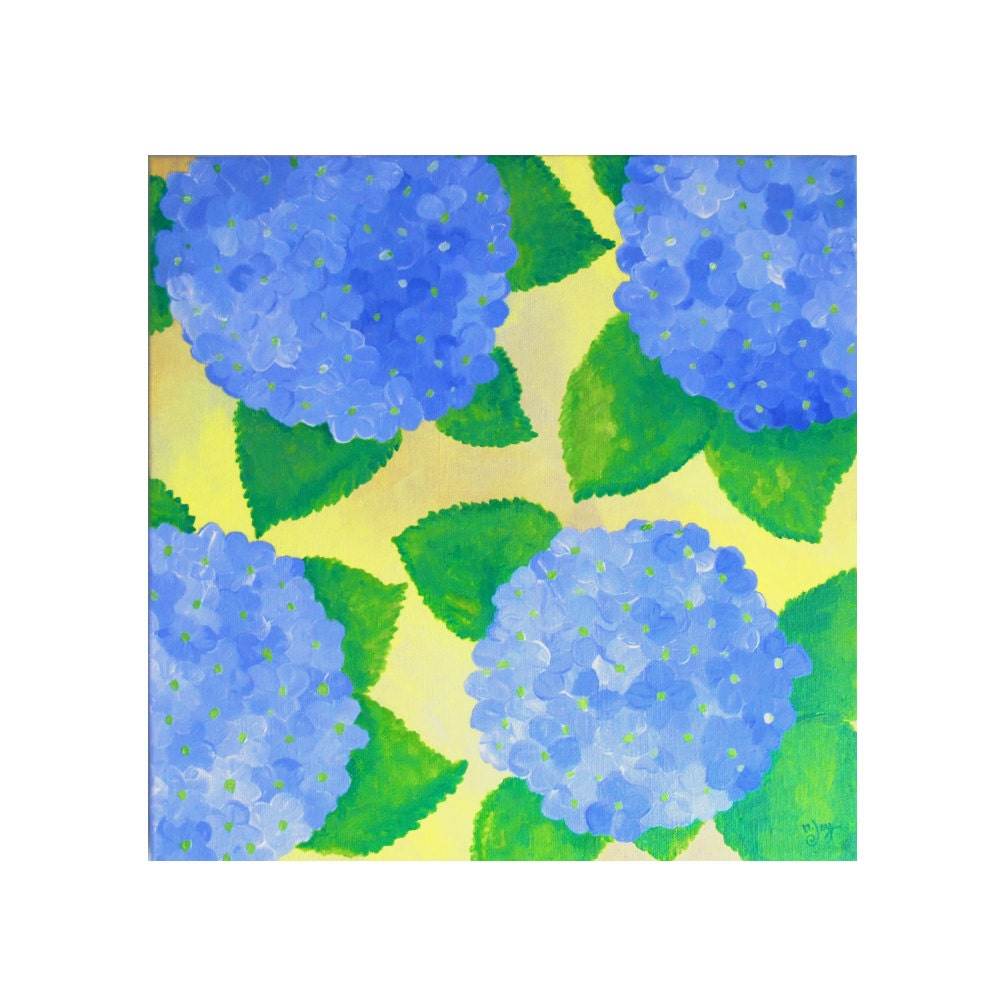BLUE MOON HYDRANGEAS, 12x12 Acrylic Canvas Painting, Square Wall Art, Blue and Yellow Flower Painting