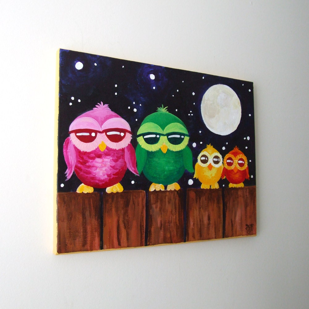 Childrens Wall Art, OWLS ON A FENCE, 14x11, Whimsical Owl Art for Nursery