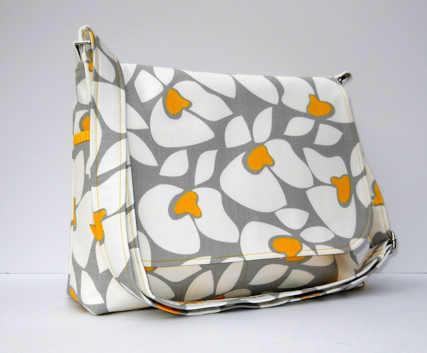 Women's Messenger Bag Purse - Yellow Gray and White Floral - Helen in Storm