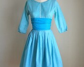 vintage 50s party dress - CLEAR BLUE gingham cotton dress / XS
