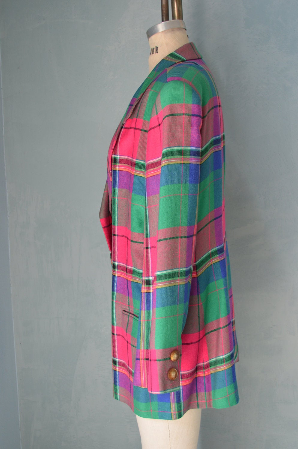 Vintage 80s Unisex BILL BLASS Pink & Green Plaid Blazer Jacket