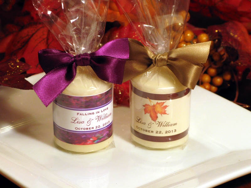 personalized AUTUMN FALL wedding candle votive favors - with SATIN ribbon