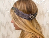 Black and White Peacock Feather Embroidered Elastic Headband