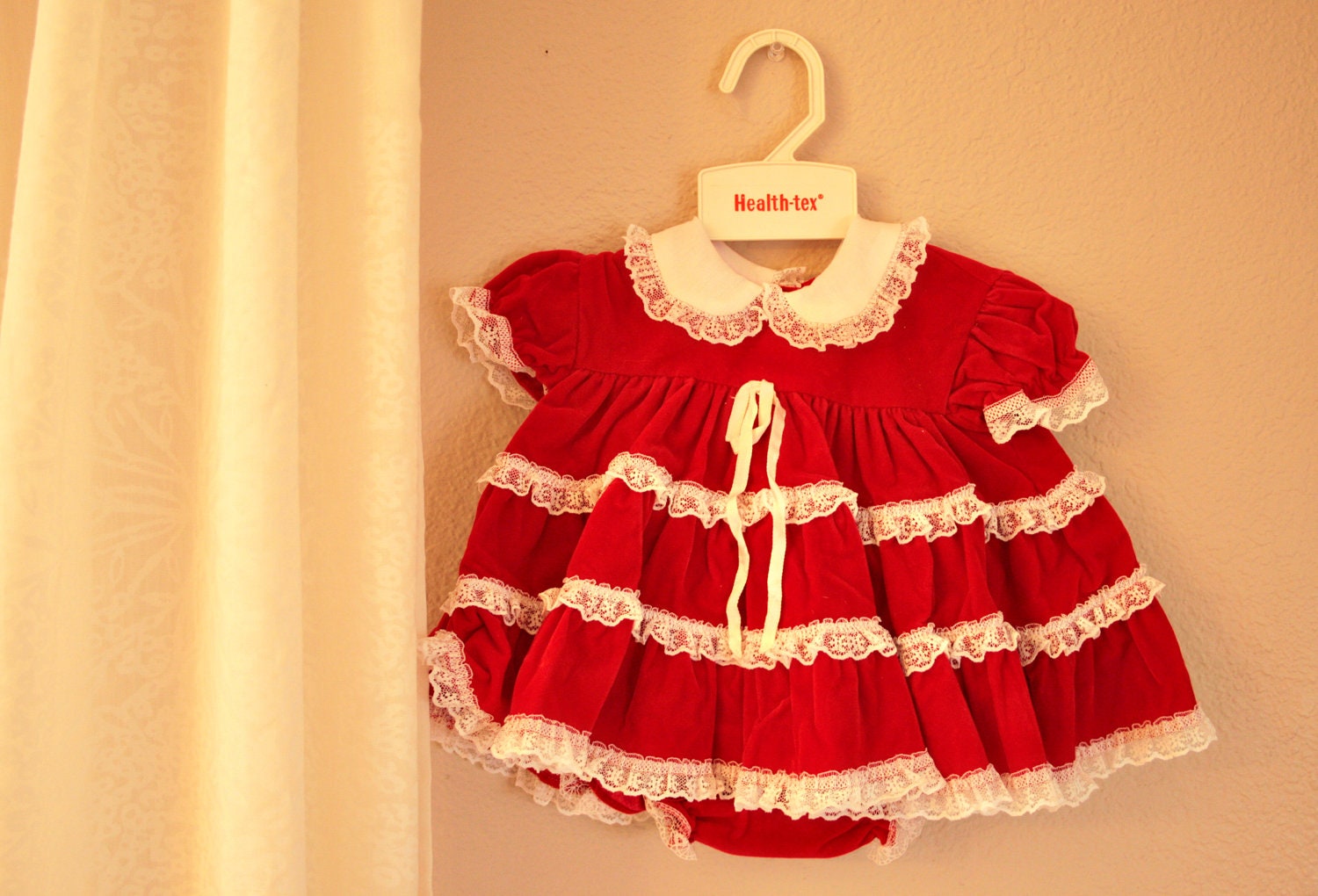 Red Velveteen Christmas Dress - Size Babies 6-9 Months - Vintage Healthtex