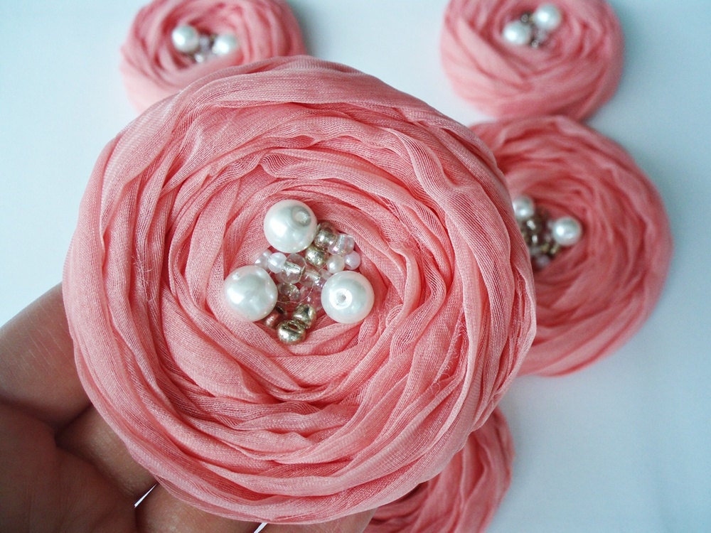 Peachy Pink Fabric Roses Handmade Appliques Embellishments(5 pcs)