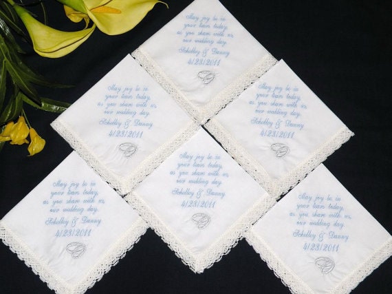 6 Wedding Party Handkerchiefs Bridal party Mother of the Bride, Father of the bride Gifts Custom Made Free shipping