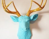 Gold and Baby Blue Deer Head Wall Mount