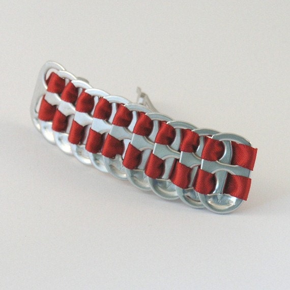upcycled pop tab hair barrette- red, stacked weave, 3 1/4 inch