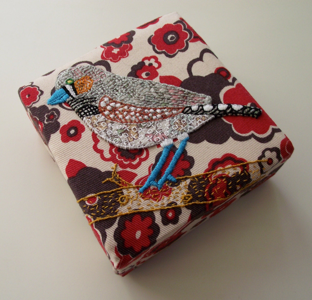 Birdseeker Zebra Finch. Hand Embroidery. Blackwork. Bird.