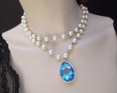 Bridal Necklace, Swarovski Pearls, Statement Bridal Necklace, Something Blue Necklace, Bridal Rhinestone Necklace, Pearl Necklace,SAHARA