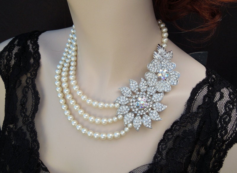 Pearl Necklace,Bridal Necklace,Pearl Bridal Necklace,Ivory or White Pearls,Bridal Rhinestone Necklace,Statement Bridal Necklace,AINSLEY