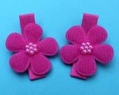 Hot Pink Felt Flower Barrettes Hair Clips - Baby Toddler Hair Bows