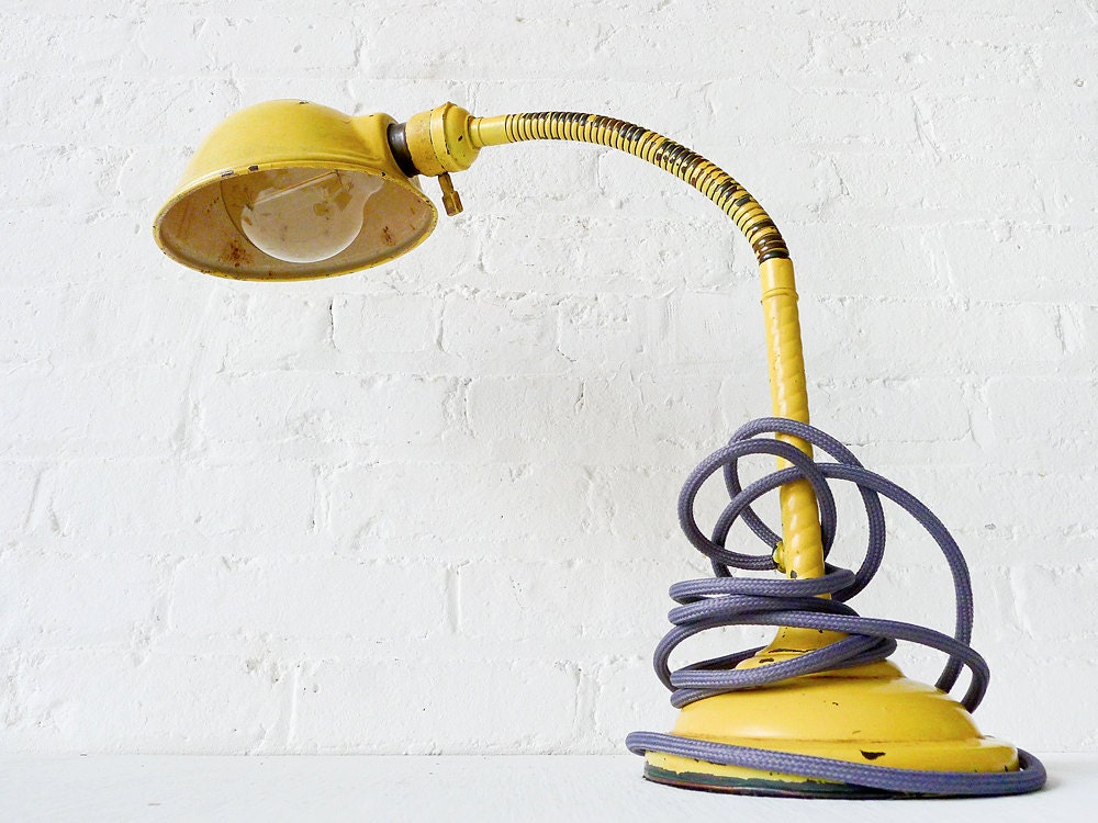 10% SALE - Vintage Industrial Lighting - Sun Flower Gooseneck Desk Lamp - Grey Cloth Color Cord