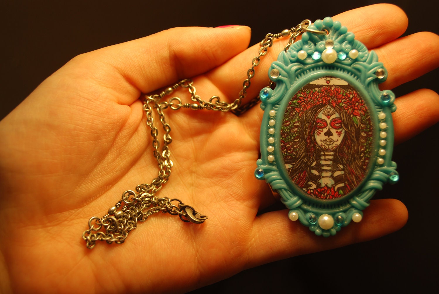 Day of the Dead  Handmade Necklace Resin  Tattoo Flash Dia De Los Muertos  Halloween  Multicolor 18"