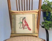 Indiana cardinal pillow, cabin, cottage, farmhouse decor with vintage embroidery -- a keepsake gift. Includes pillow form.