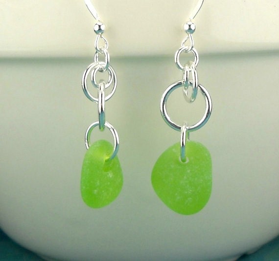 GENUINEGreen Seaglass Earrings Sterling Silver Infinity Design
