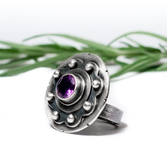 Amethyst Cocktail Ring, Sterling silver, faceted, Cog in the Machine Statement ring, February birthstone