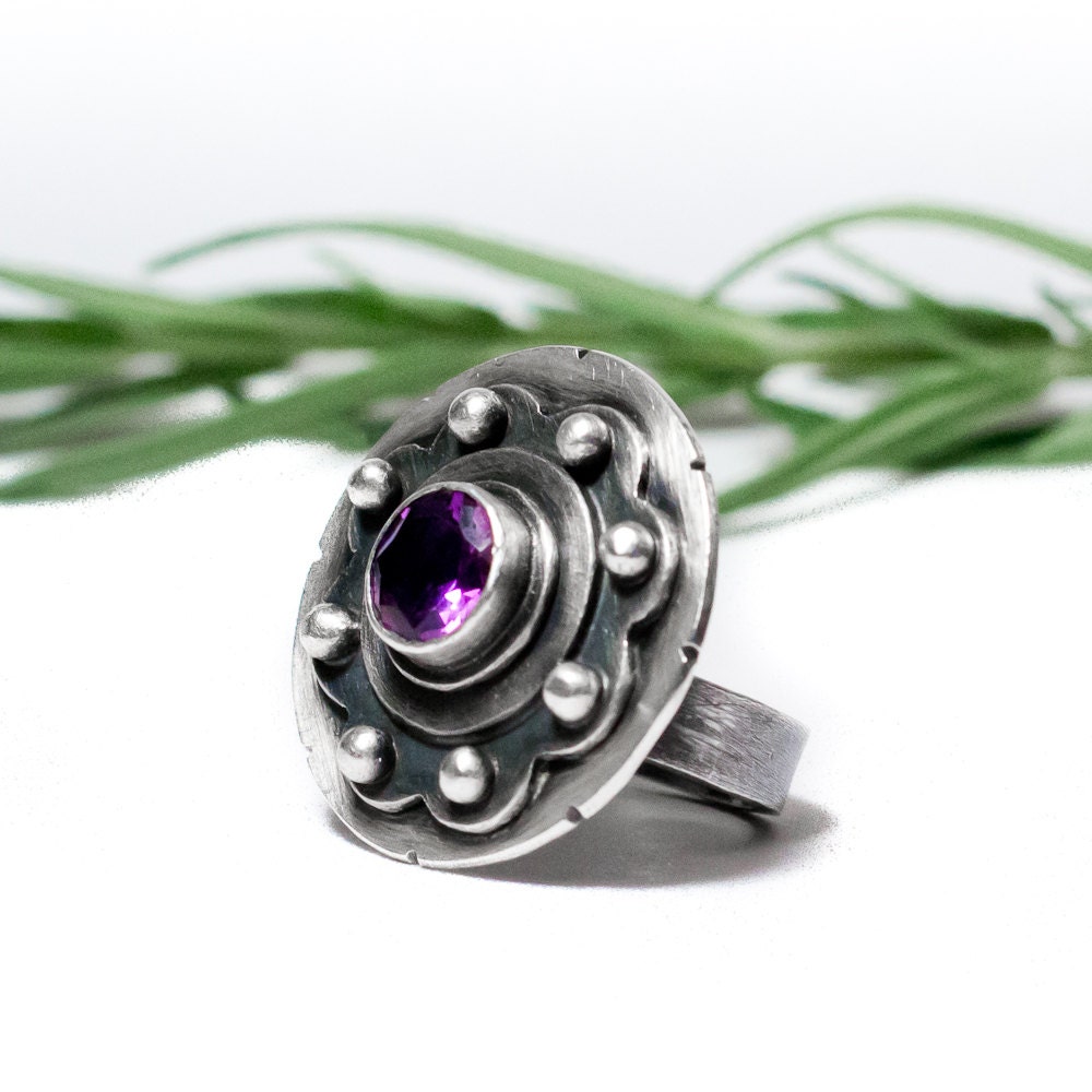Amethyst Cocktail Ring, Sterling silver, faceted, Cog in the Machine Statement ring, February birthstone