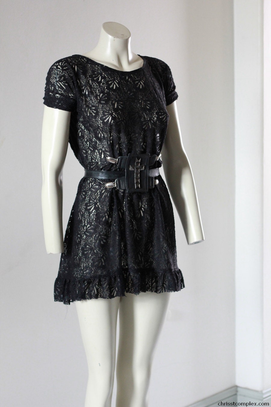 Black Lace Frill Cap Sleeve Leather Clip Lace Tunic Dress Bridal Wedding Victorian Kawaii - Chrisst SPECIAL ETSY PRICE
